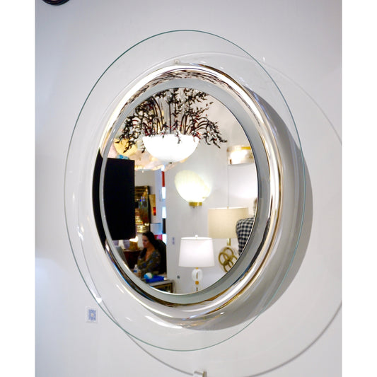 Contemporary Italian Minimalist Curved Silver & Frosted Glass Round Lit Wall Mirror
