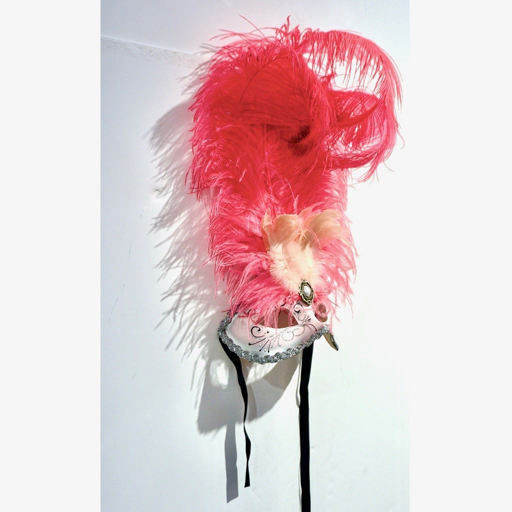 Italian Modern Venetian Handmade Pink and Silver Carnival Mask with Feathers