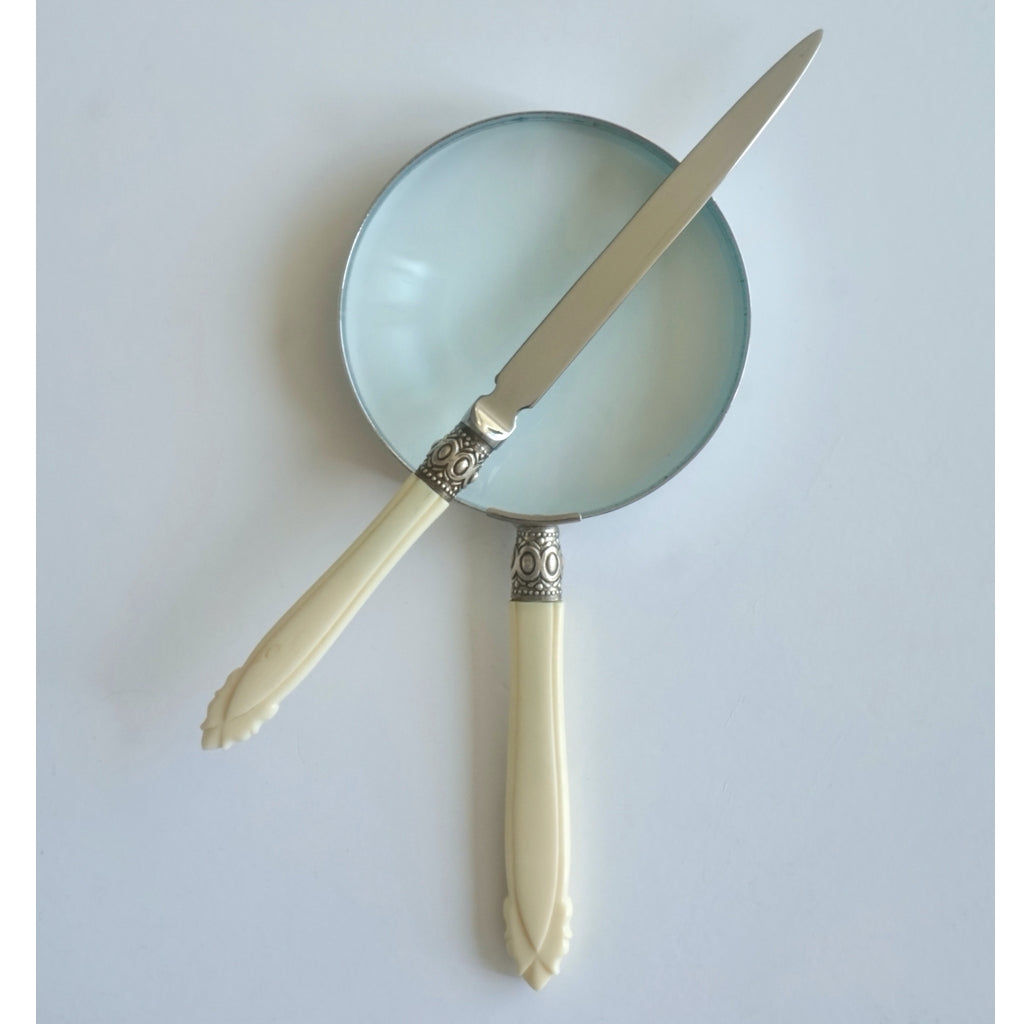 1970s English Magnifying Glass and Letter Opener Desk Set with Bone Handles