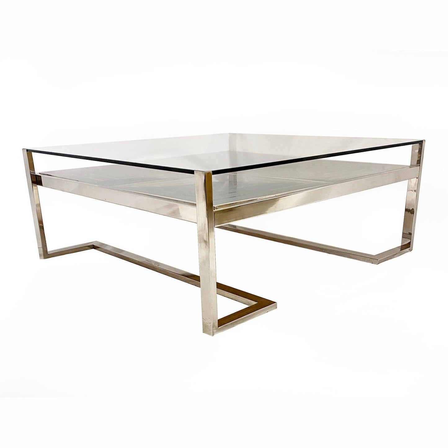 Romeo Rega Italian Geometric Decor Clear Glass Chrome 2 Tier Coffee Sofa Table