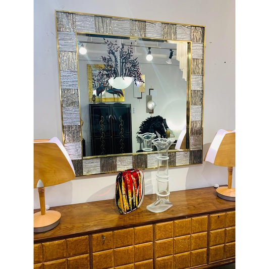 Bespoke Italian Square Silver Leaf Smoked Crystal Murano Glass Brass Tile Mirror