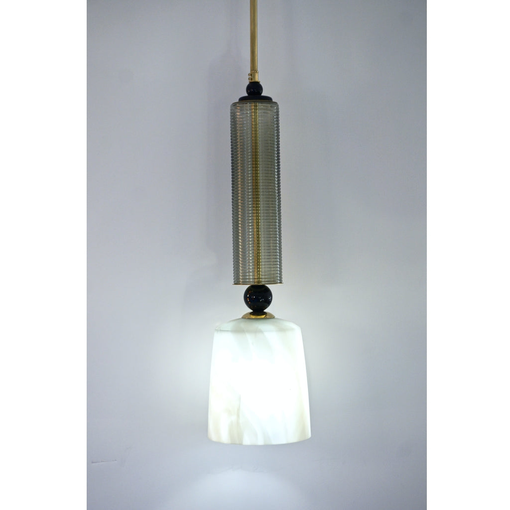Contemporary Modern Crystal Black and Alabaster Murano Glass Brass Pendant Light