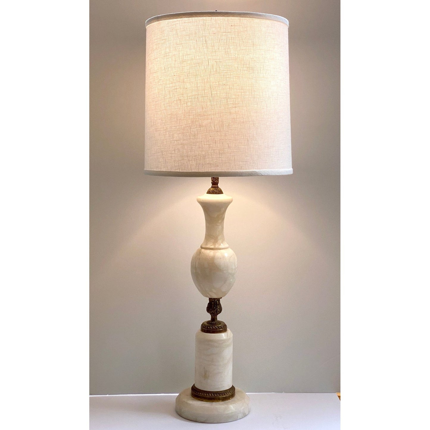 French Antique Art Deco Urn-Shape Chased Bronze White Marble Lamp & Linen Shade