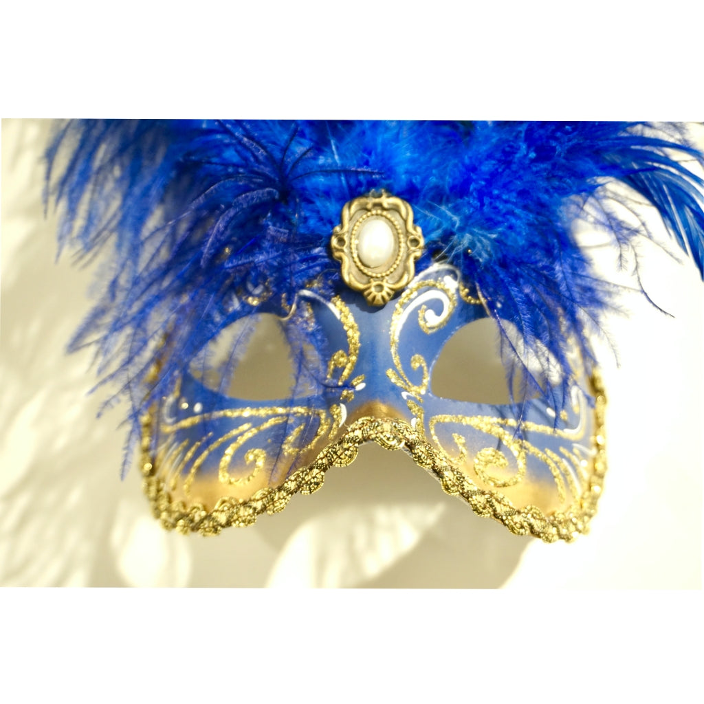 Italian Modern Venetian Handmade Blue and Gold Carnival Mask with Feathers