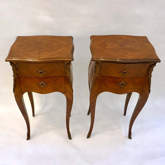 1940 French Louis XV Revival Pair of Inlaid Rosewood Walnut 2-Drawer Side Tables