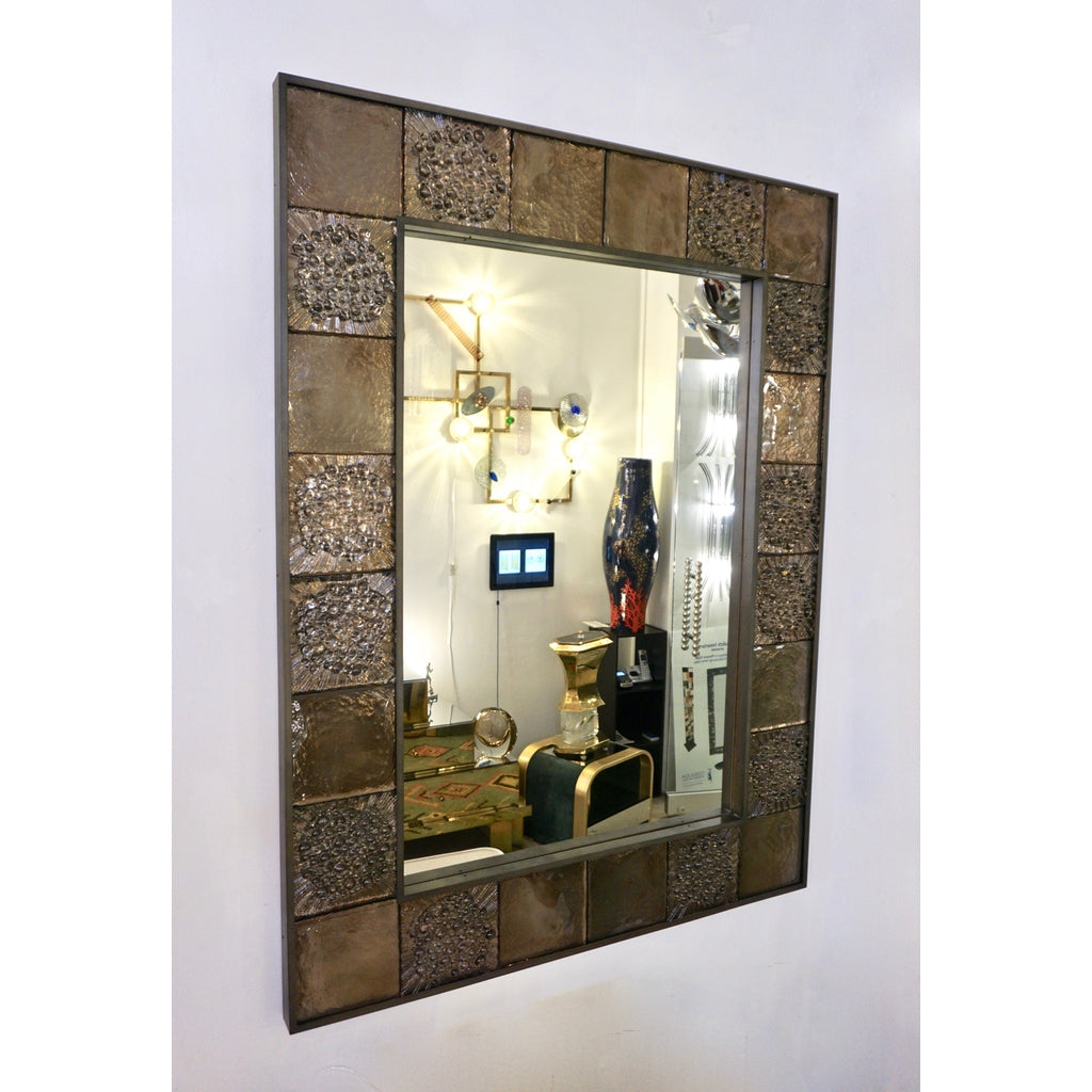 Bespoke Italian Smoked Amber Mirrored Murano Glass Geometric Bronze Tile Mirror