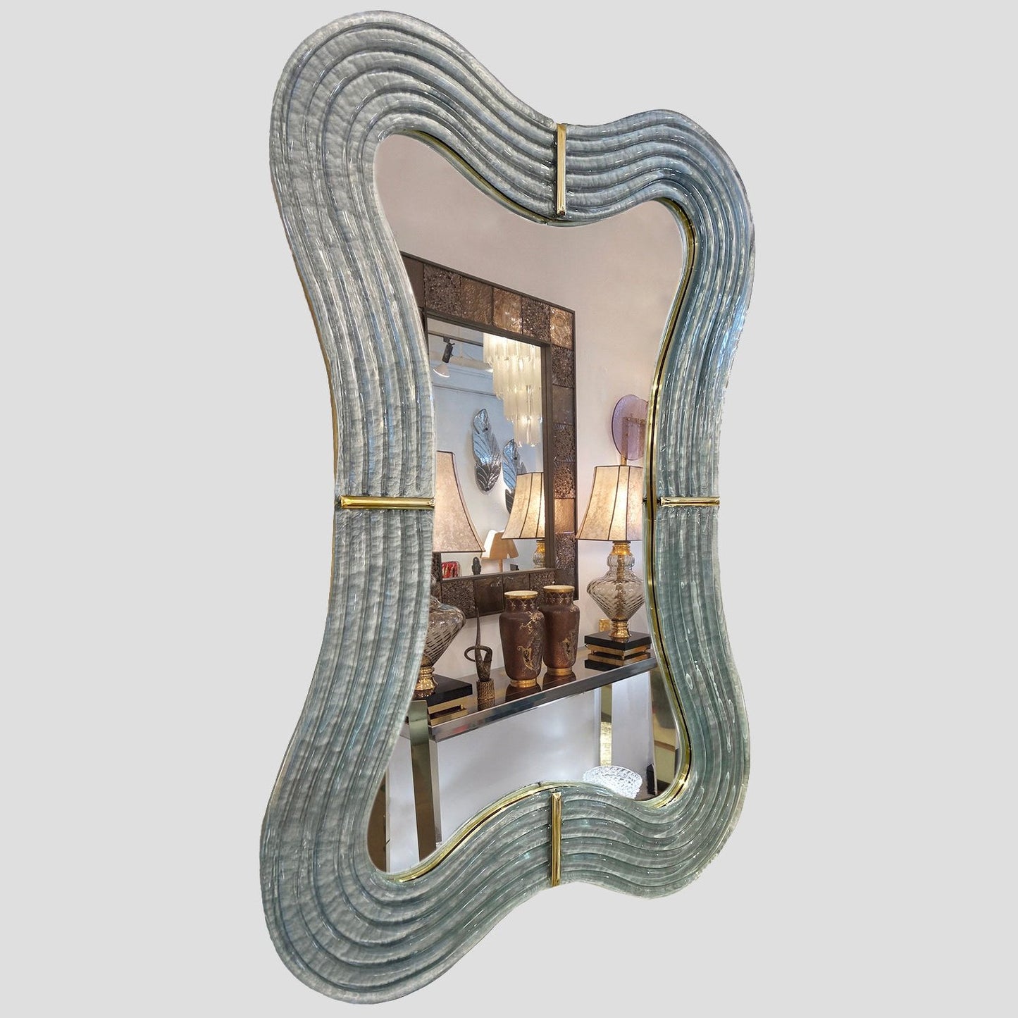 Contemporary Italian Pearl Gray Blue Murano Glass Curved Mirror & Brass Accents