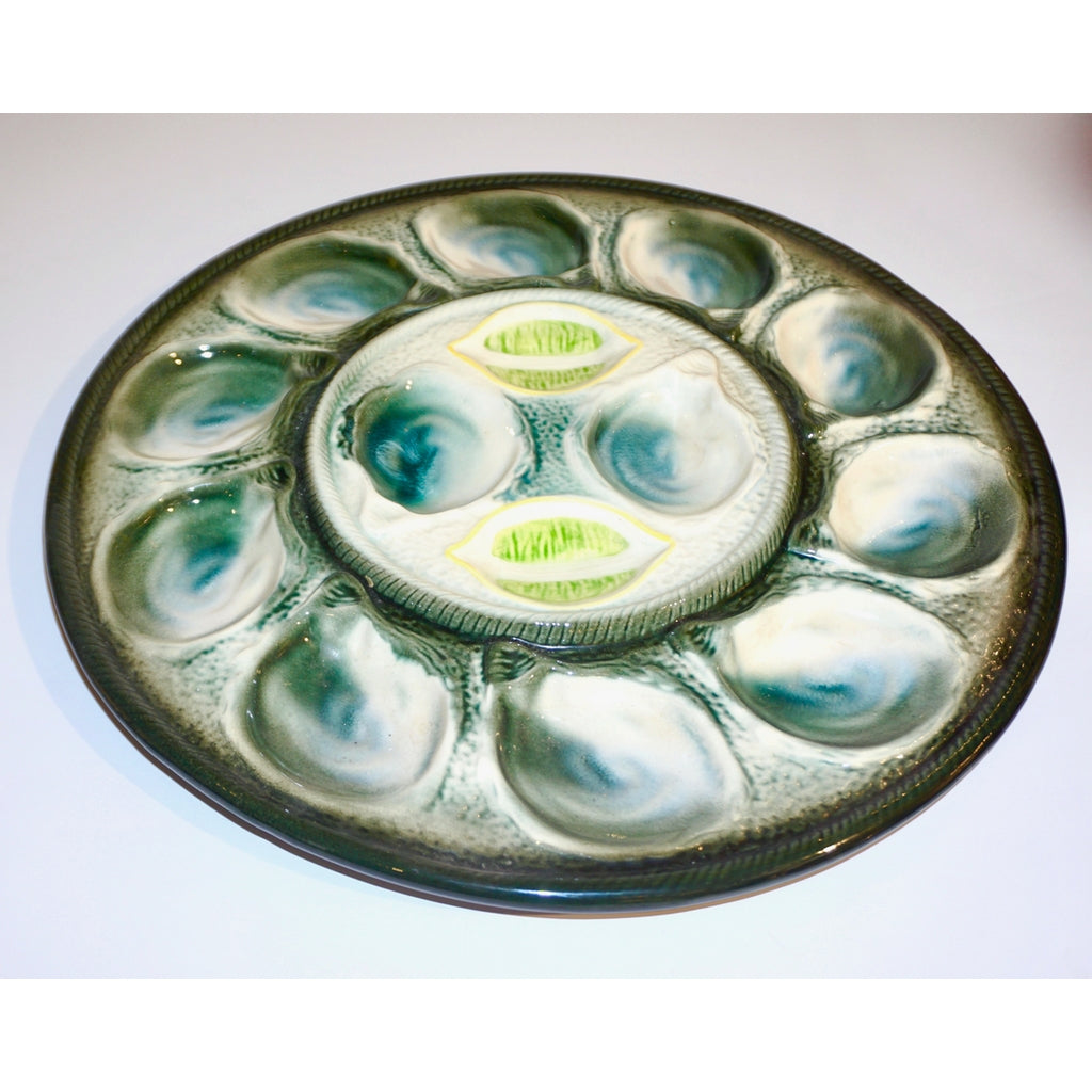 St Clement French Art Deco Majolica Set of 6 Oyster Plates and Serving Platter