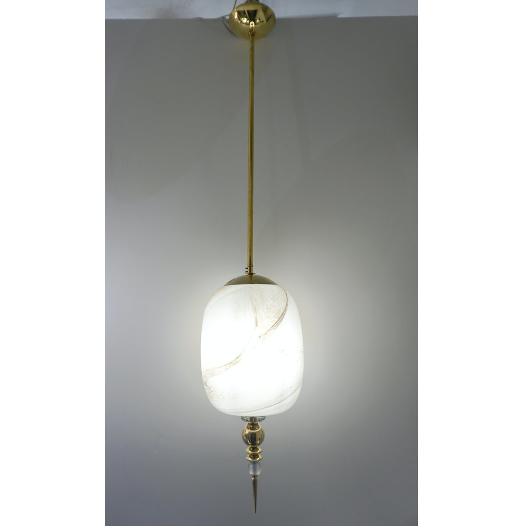 Bespoke Italian Brass & Cream White Alabaster Glass Cylinder Pendant / Lantern