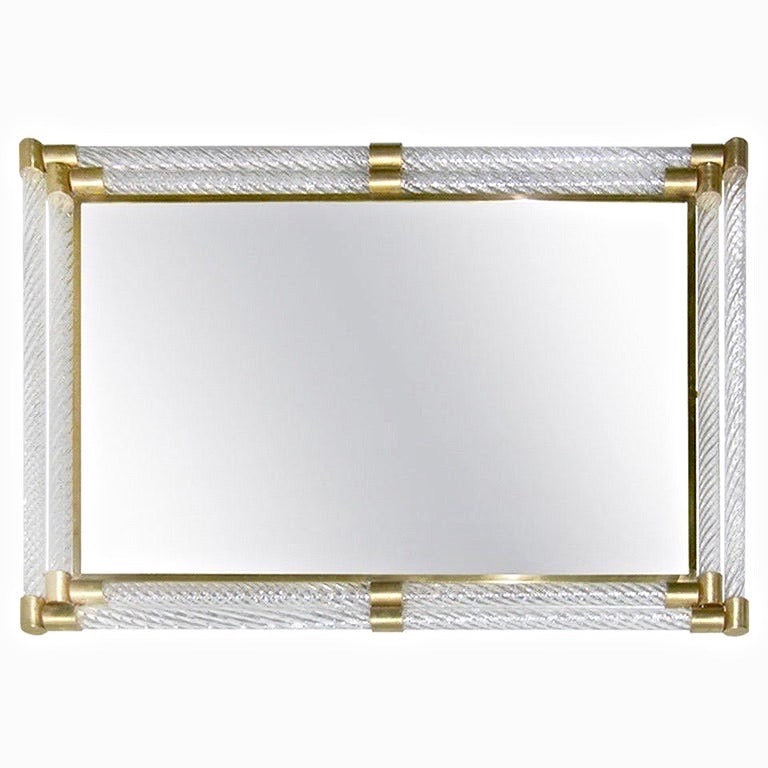 Italian Art Deco Design Twisted Gray Smoked Murano Glass & Gold Brass Mirror