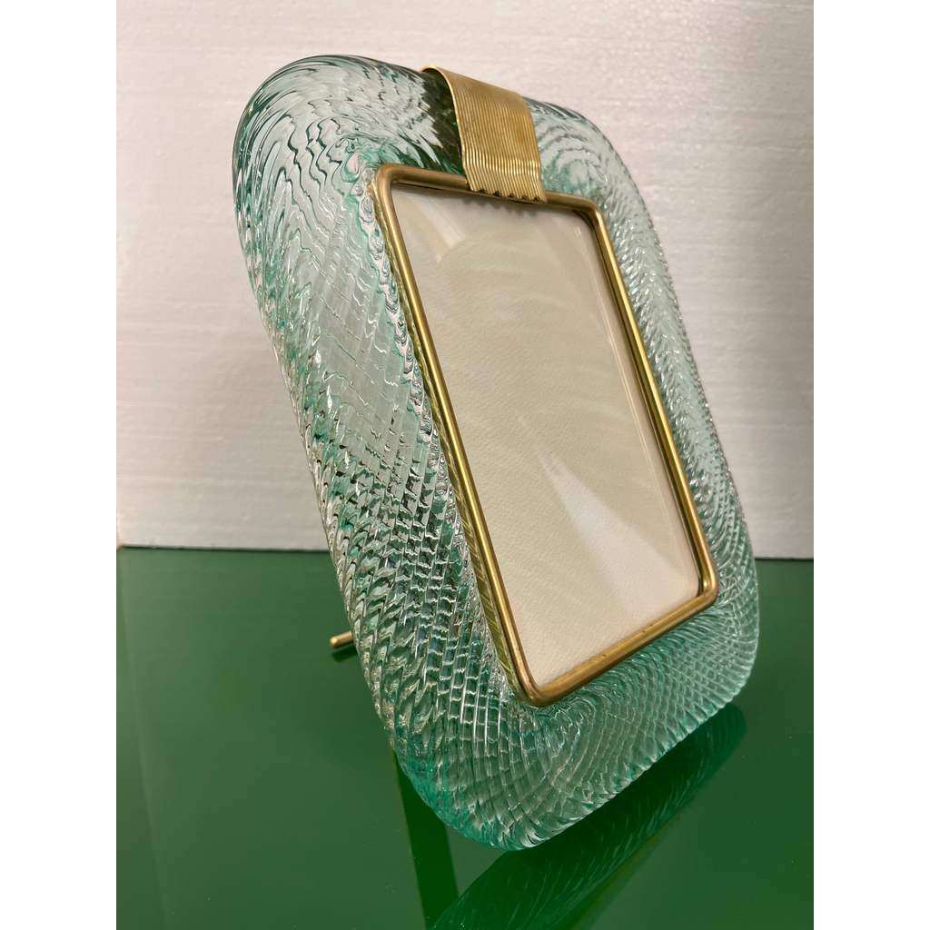 2000s Barovier Toso Italian Chartreuse Green Murano Glass Brass Picture Frame