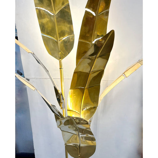 Contemporary Italian Art Deco Design Palm Tree Pair of 7-Leaf Brass Floor Lamps