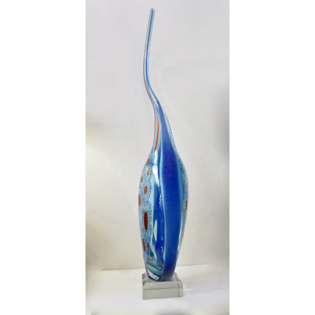 Dona Modern Art Murano Glass Sapphire Blue Sculpture Vase with Red White Murrine