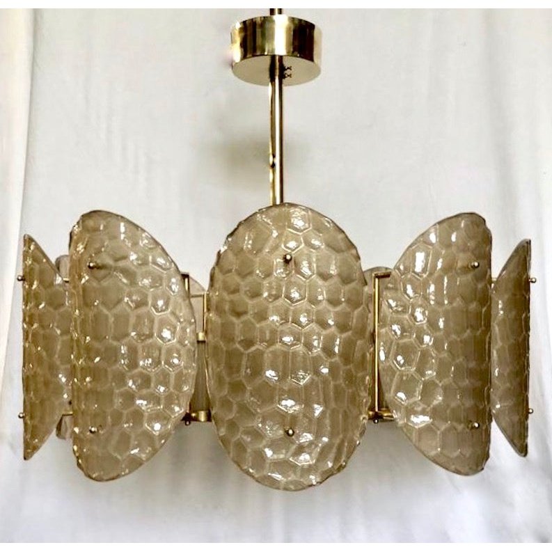 Bespoke Italian Crystal Smoked Taupe Murano Glass Brass Chandelier / Flushmount