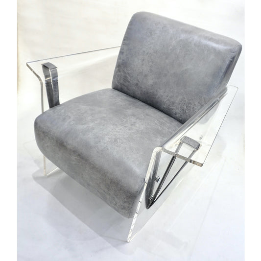 Bespoke Modernist Lucite Acrylic Lounge Armchair in Motley Gray Faux Leather