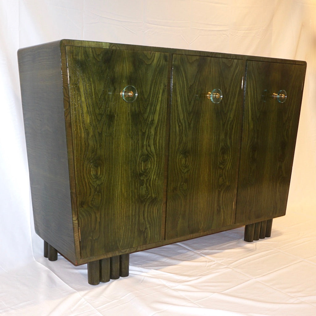 1970s Italian Ash Wood Green Malachite Pigmented Triangular Postmodern Cabinet