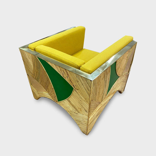 Contemporary Italian Rattan Armchair with Green Brass Details & Yellow Fabric
