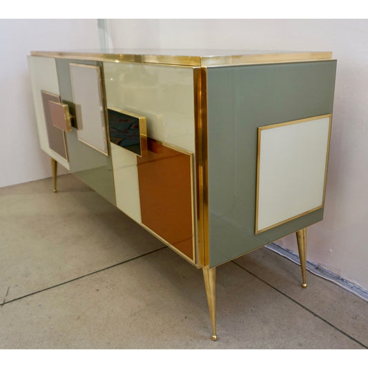 Bespoke Italian Black Cream Green Ochre Geometric Postmodern Cabinet/Sideboard