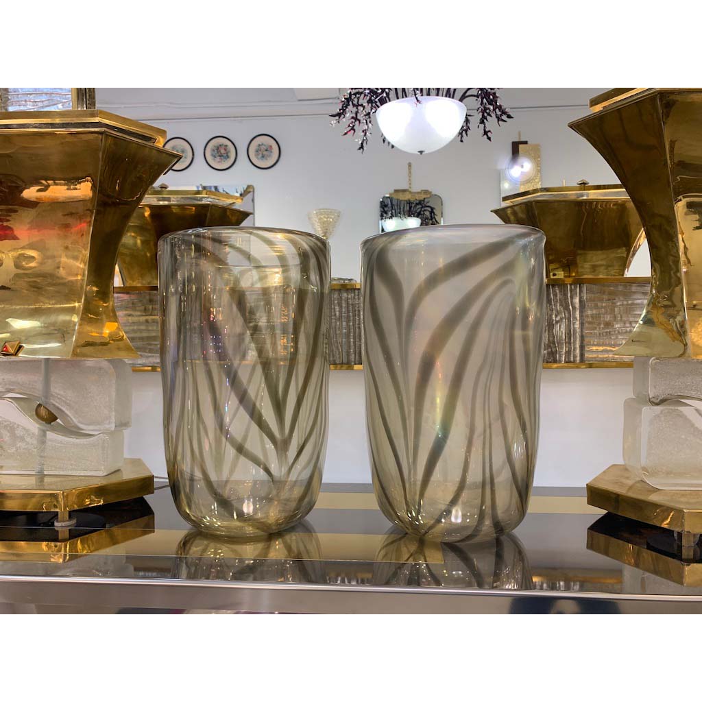 Cenedese Italian Pair of Iridescent Zebra Smoked Gold Murano Glass Modern Vases