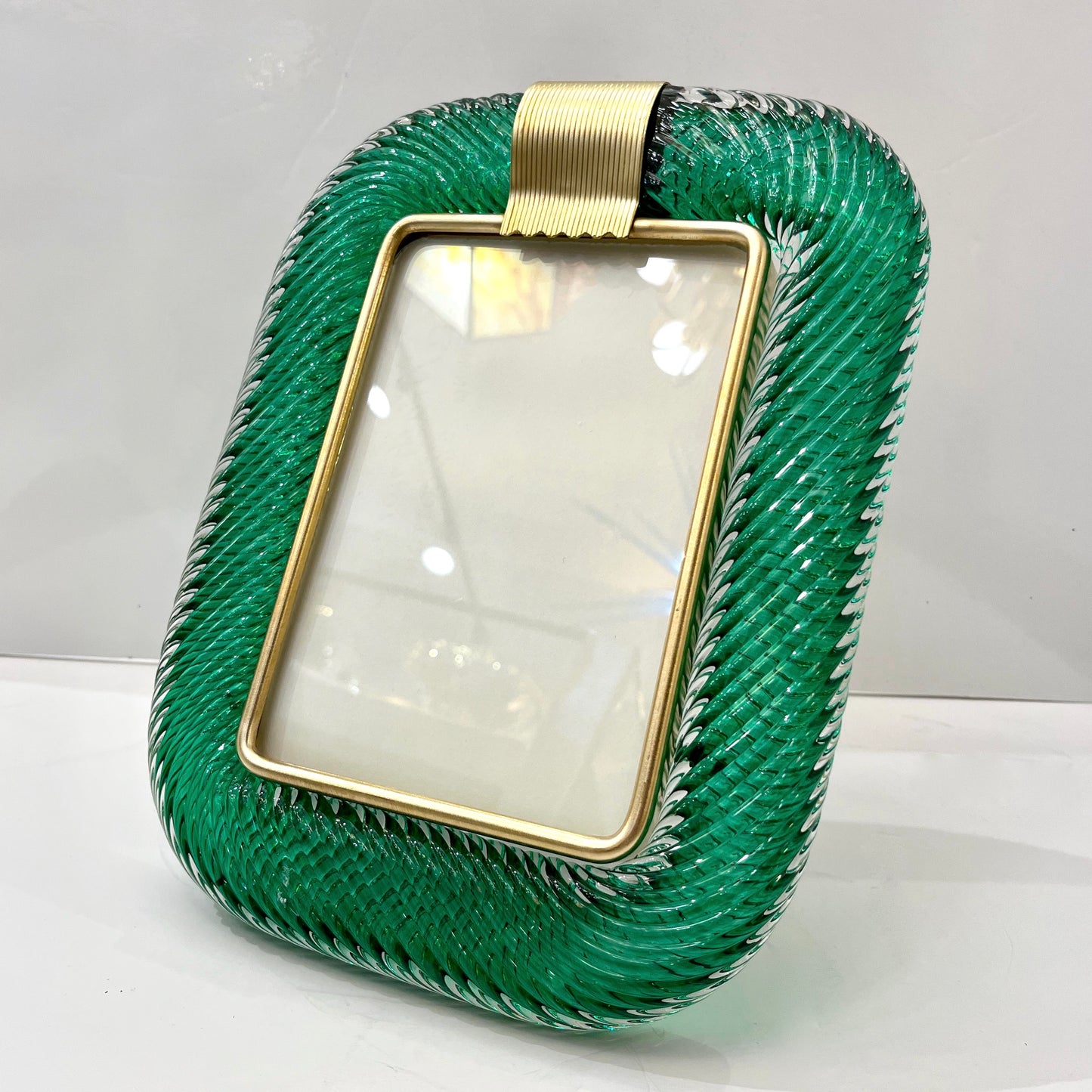 2000s Barovier Toso Italian Dark Hunter Green Murano Glass Brass Picture Frame