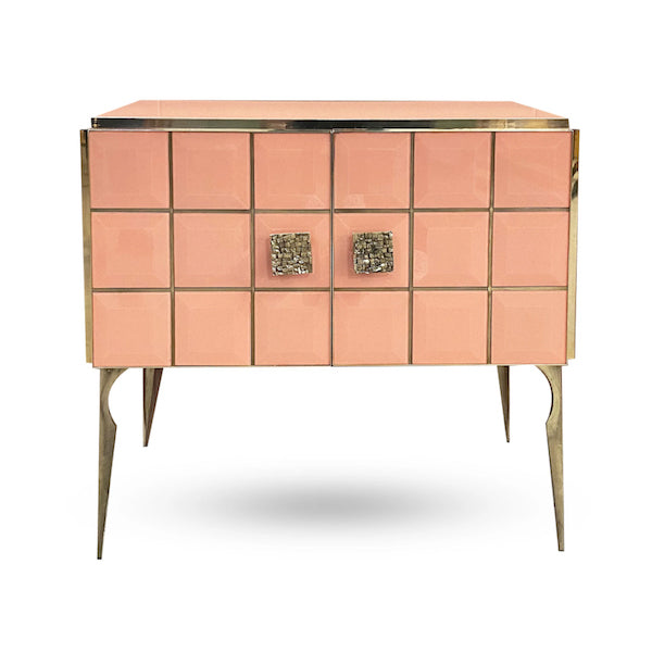 Modern Italian Custom Art Deco Style Royal Pink Glass Brass Edged Cabinet /Bar