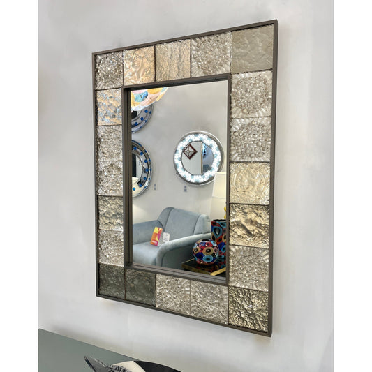 Customizable Italian Smoked Silver Murano Glass Geometric Gun Metal Tile Mirror