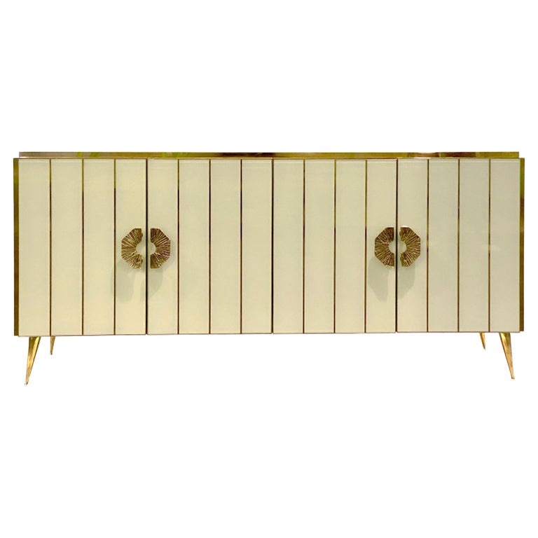 Customizable Italian Art Deco Style Ivory White Glass Brass Modern Cabinet