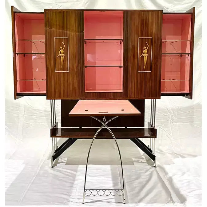 1960s Vittorio Dassi Italian Bar Cabinet with Drop Down Table and Pink Interior