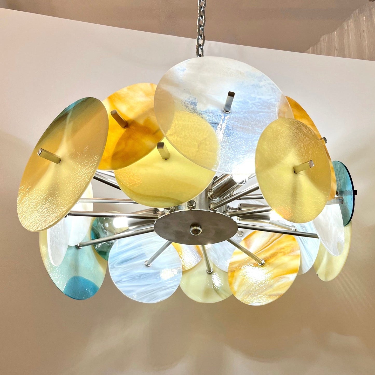 Italian Yellow White Blue Pastel Murano Glass Nickel Circular Sputnik Chandelier