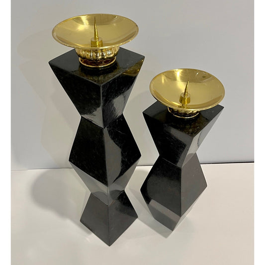 French Vintage Set of 2 Modern Black Lacquer Metal Geometric Cubist Candlesticks