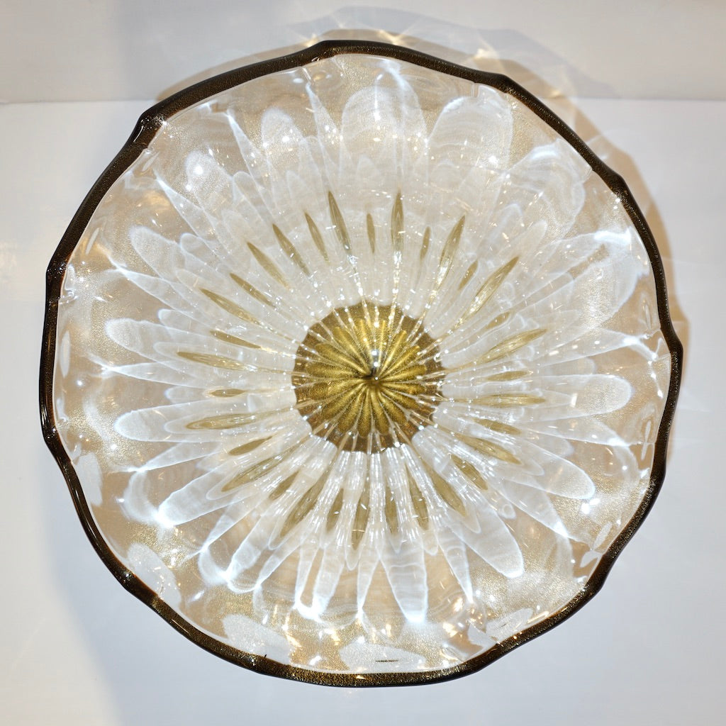 Italian Gold Dust Crystal Murano Glass Scalloped Centerpiece/Bowl with Black Rim