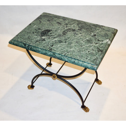 1950s Italian Antique Rustic Gold & Black Iron Green Marble Gueridon Sofa Table