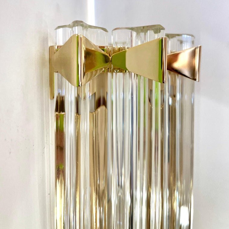 Italian Contemporary Pair of Minimalist Brass Crystal Clear Murano Glass Sconces