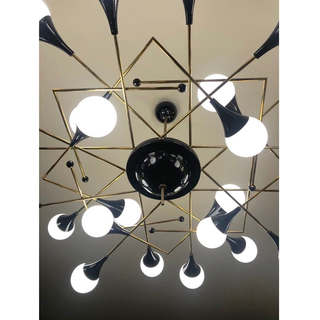 Bespoke Italian Geometric White Glass Black Lacquered Brass 24-Light Flushmount