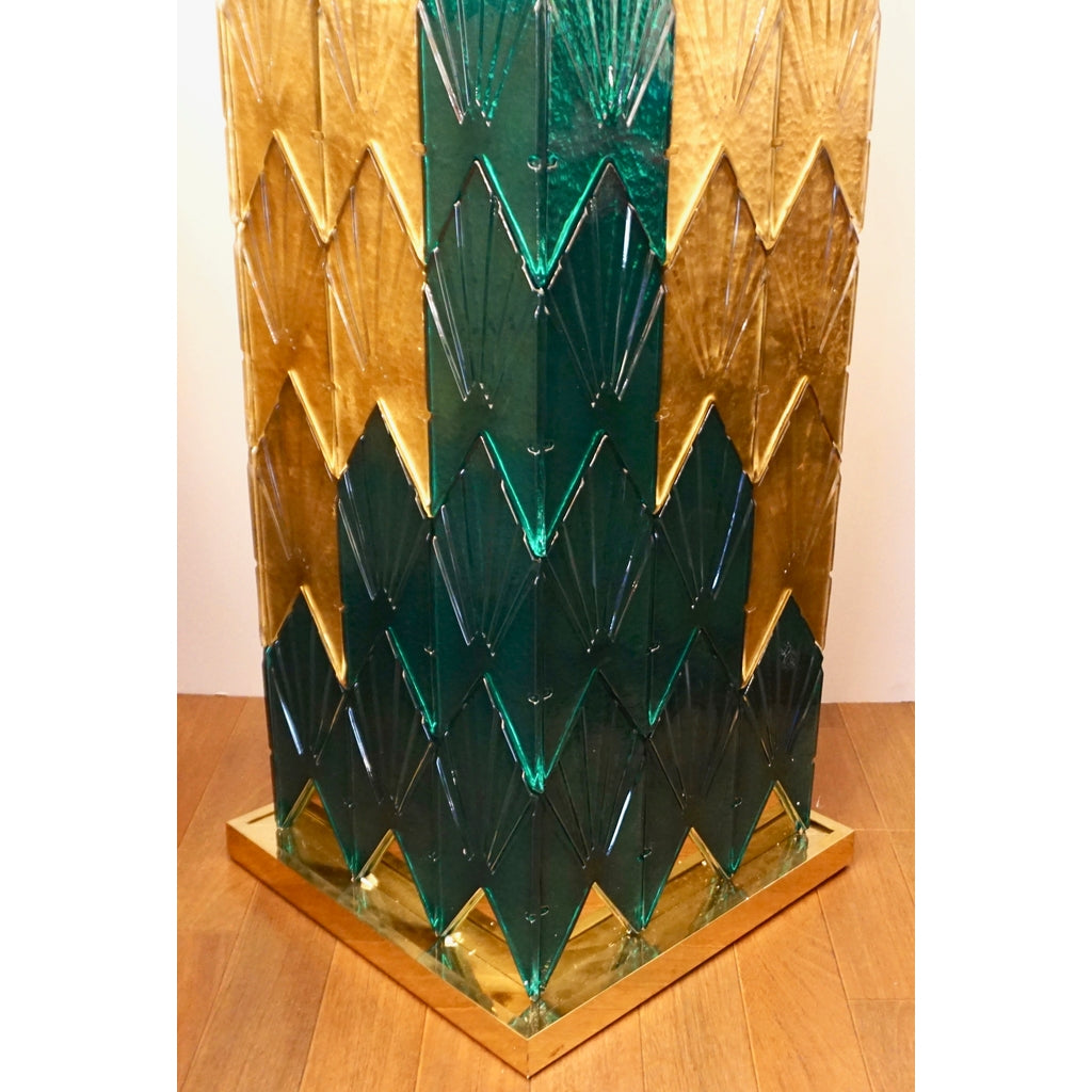 Bespoke Italian Art Deco Style Green Gold Murano Glass Brass and Wood Pedestals