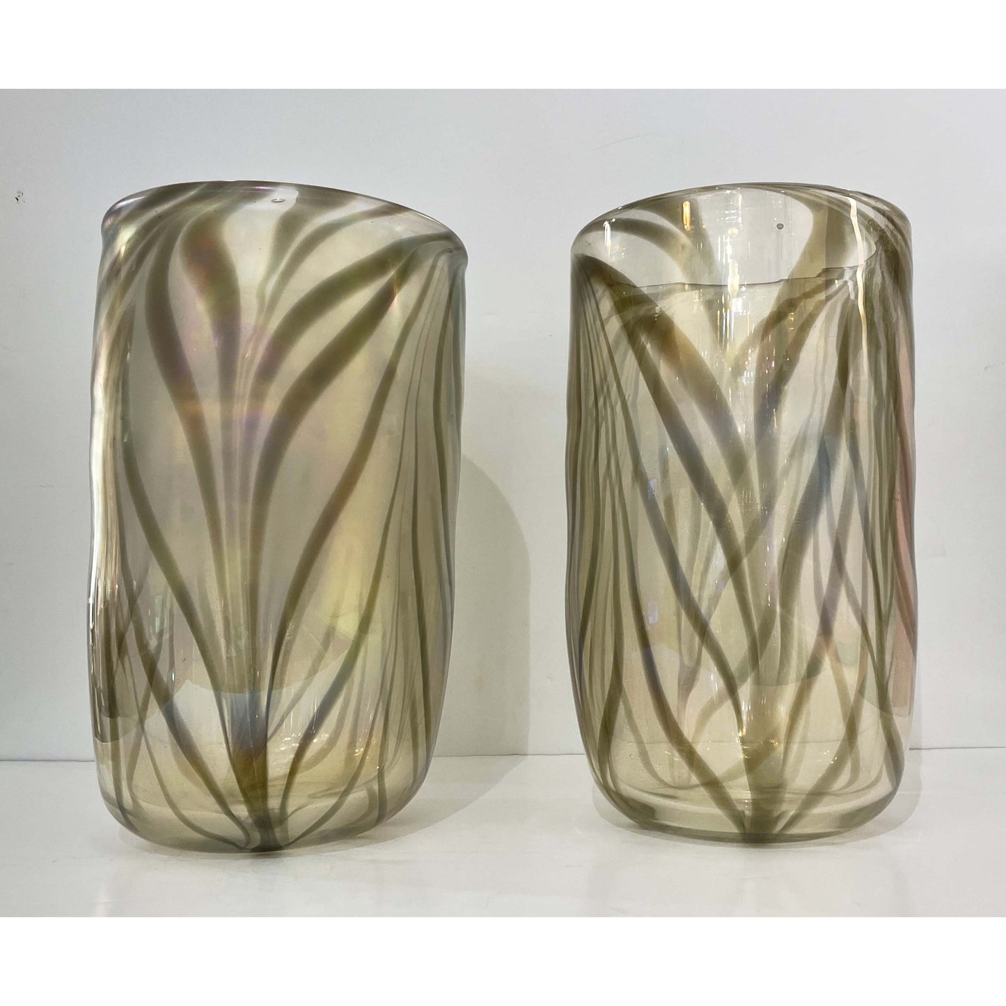 Cenedese Italian Pair of Iridescent Zebra Smoked Gold Murano Glass Modern Vases