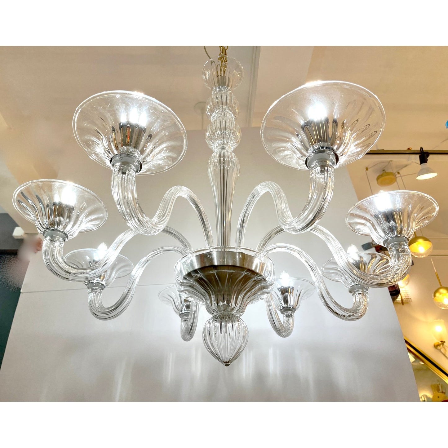 Contemporary Minimalist Italian 8-Arm Crystal Murano Glass Modern Chandelier