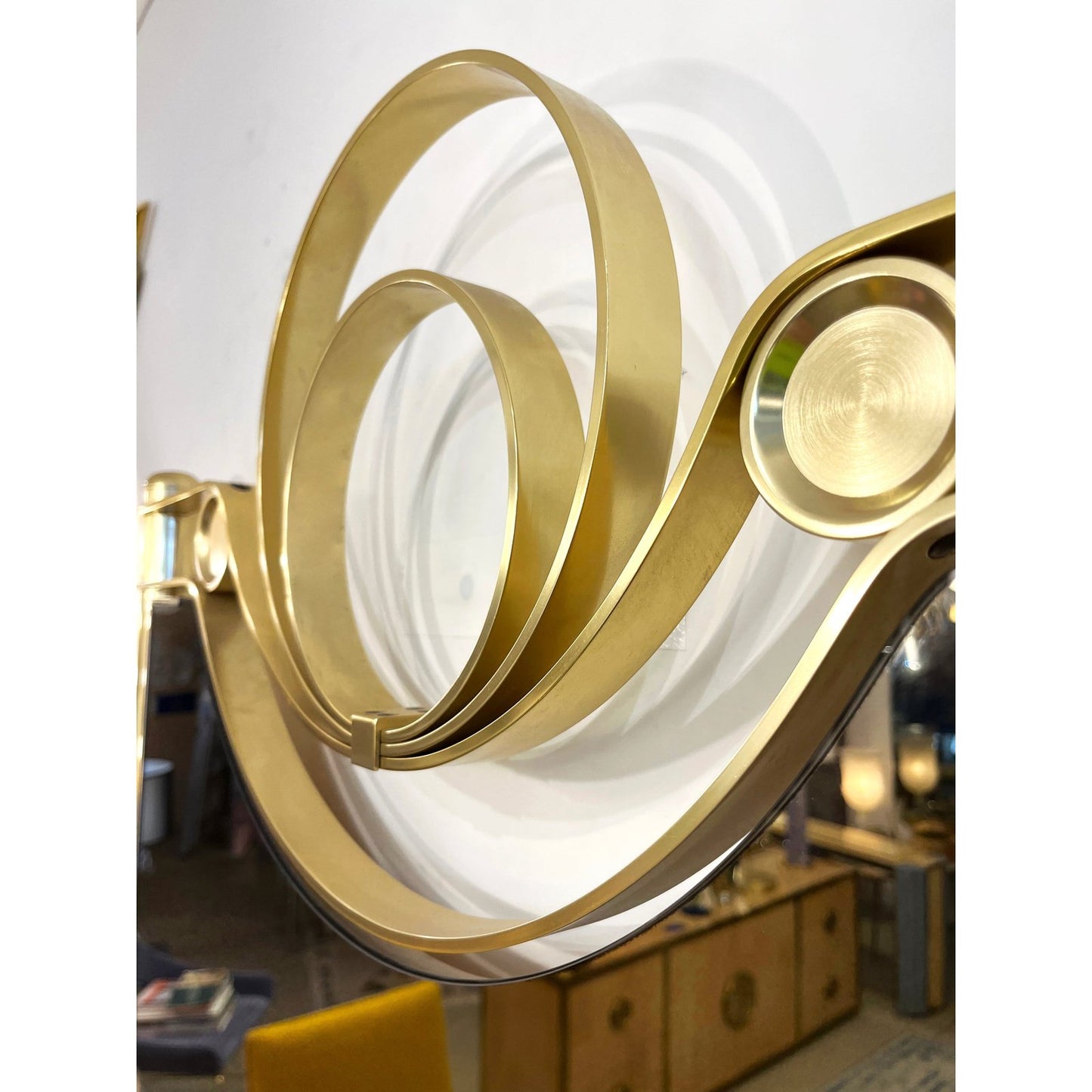 1970, Vintage Italian Modern Curved Satin Brass Wall Mirror Attributed Frigerio