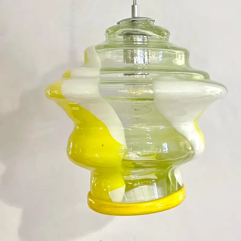 Bespoke Italian Organic Lemon Yellow White Step Tulip Murano Glass Pendant Light