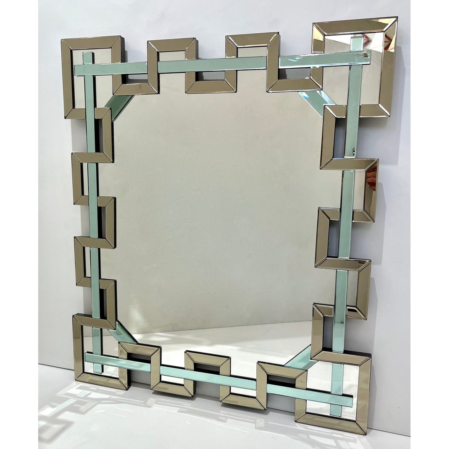Contemporary Italian Geometric Murano Glass Mirror with Aqua Green Ribbon Decor