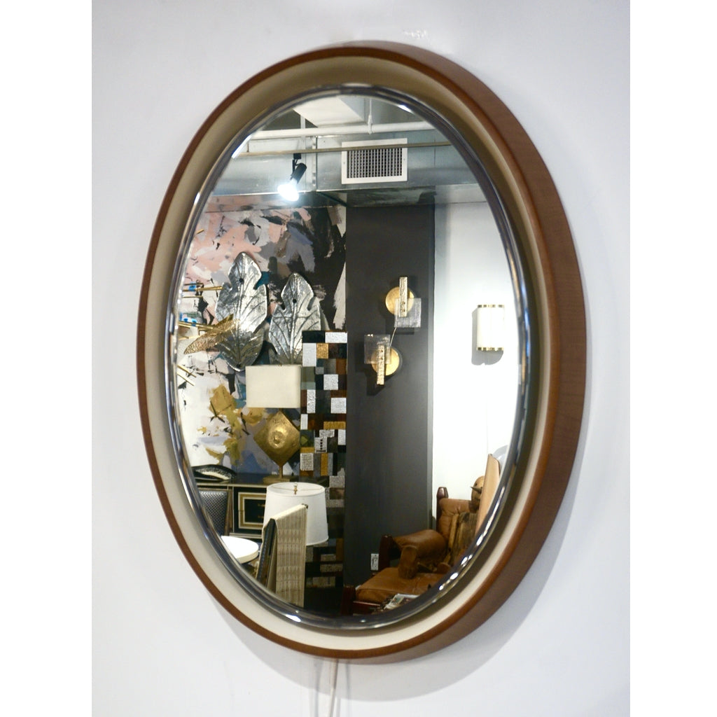 1970s Italian Vintage White Framed Cherry Wood Back Lit Oval Wall Mirror