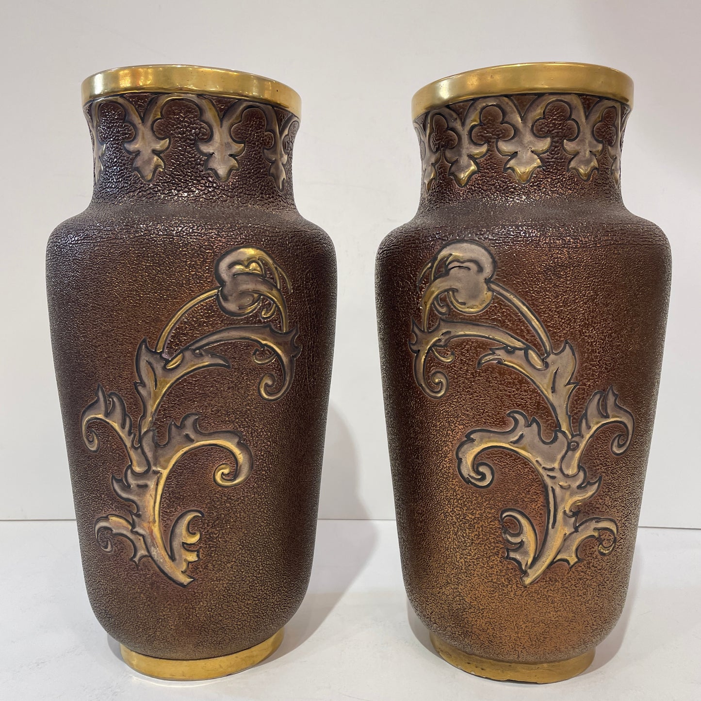 1880 Gien French Faience Pair Majolica Gold & Brown Vases with Armored Knights