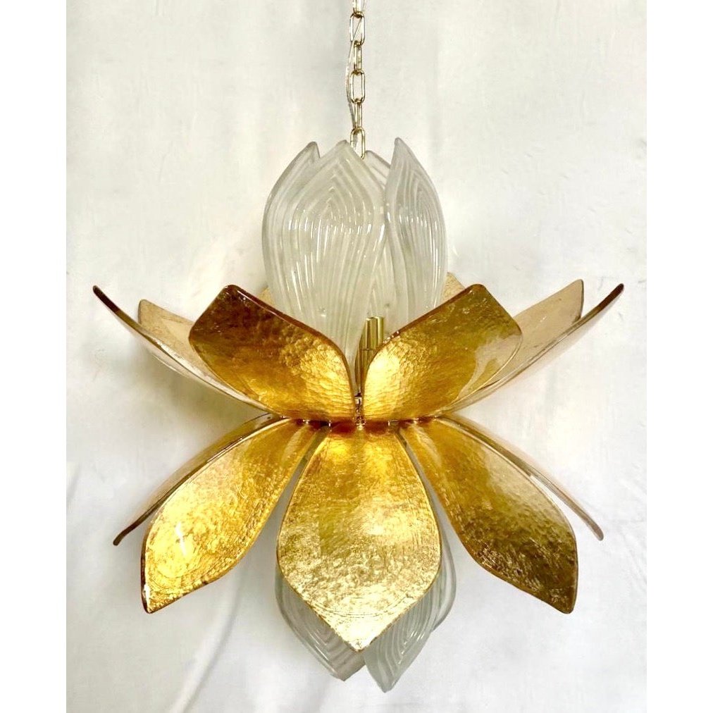 Contemporary Italian Brass Gold Leaf Murano Glass Flower Chandelier Pendant