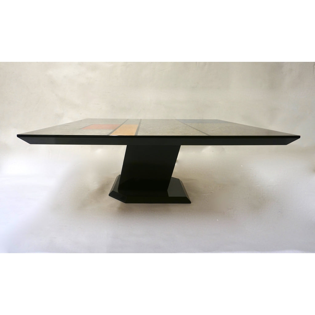 1976 Cattaneo Italian Black Lacquered Silver Grey Mondrian Decor Coffee Table