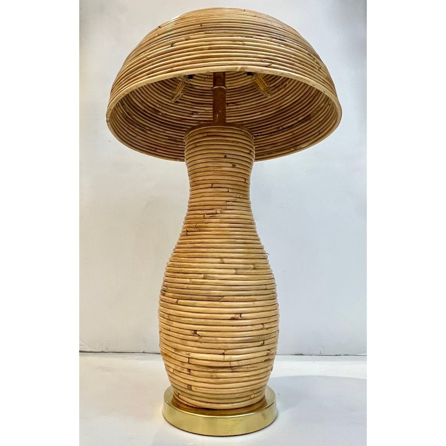 Italian Organic Modern Contemporary Brass & Rattan Mushroom Table/Floor Lamps