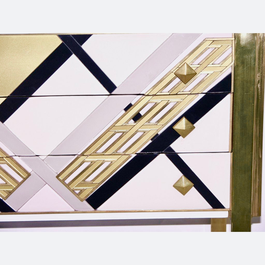 1990s Italian Unique White Black and Gold Chest or Sideboard on Brass Legs