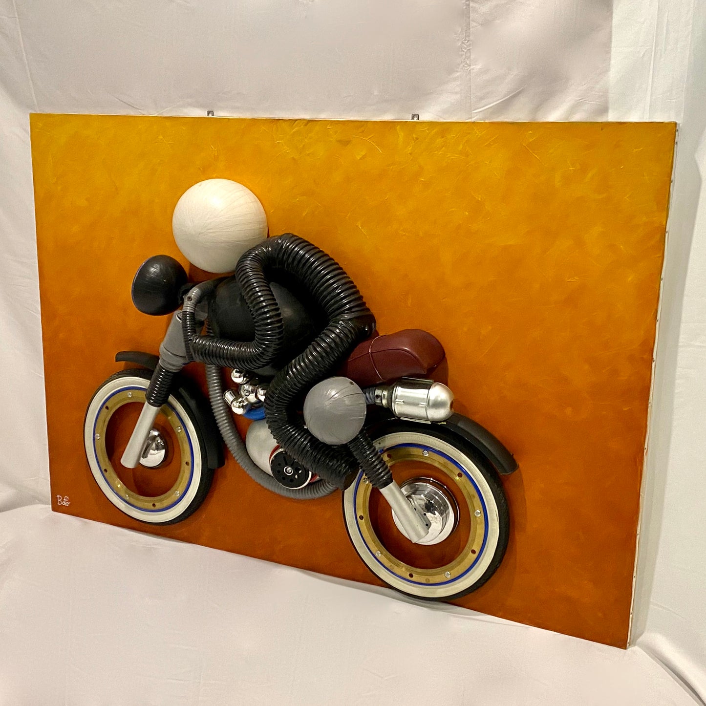Contemporary Italian Found Objects Recycled Art Sculpture of a Biker Signed Bafo