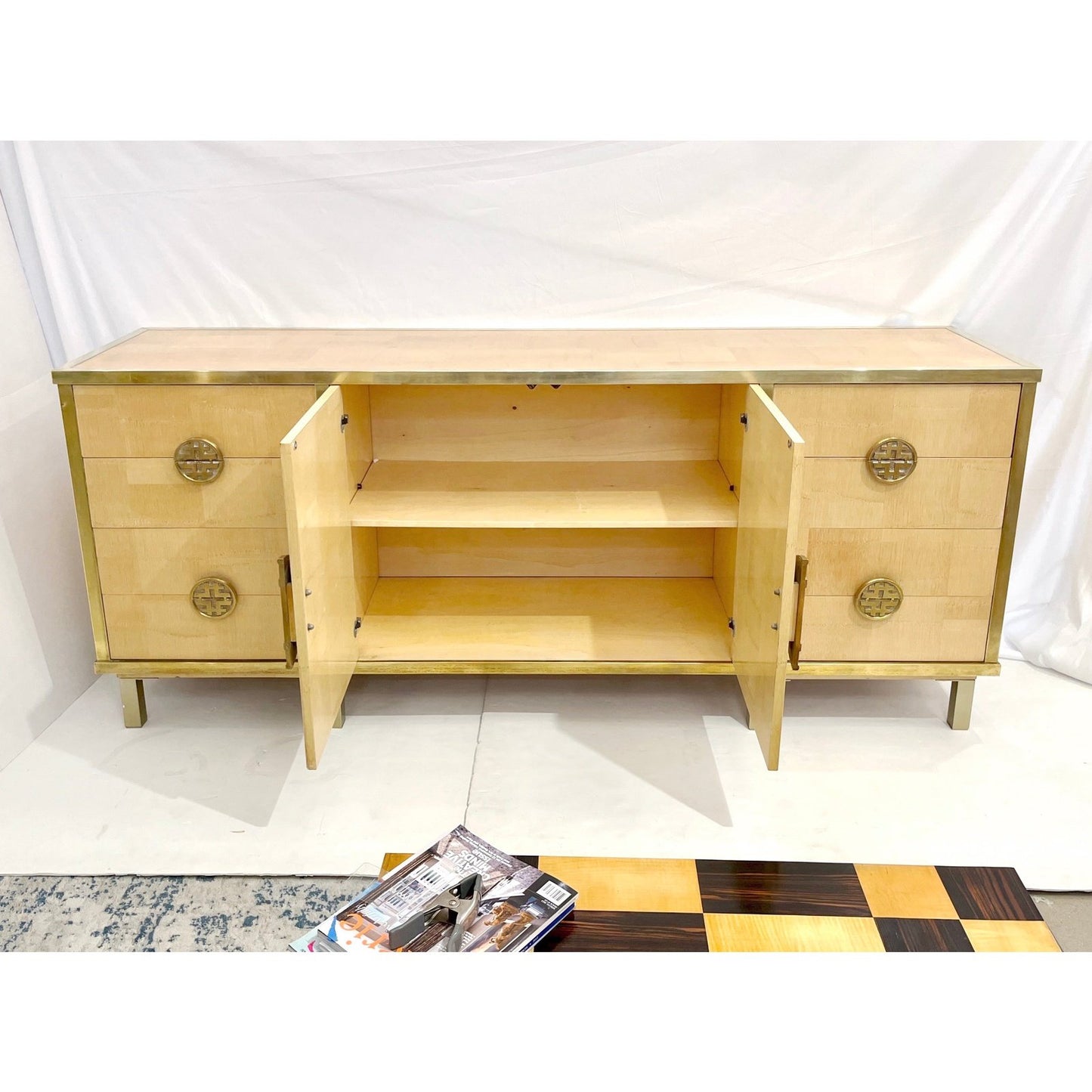 Sinopoli 1970s Italian Back Finished Asian Style Brass Bamboo Sideboard/Cabinet