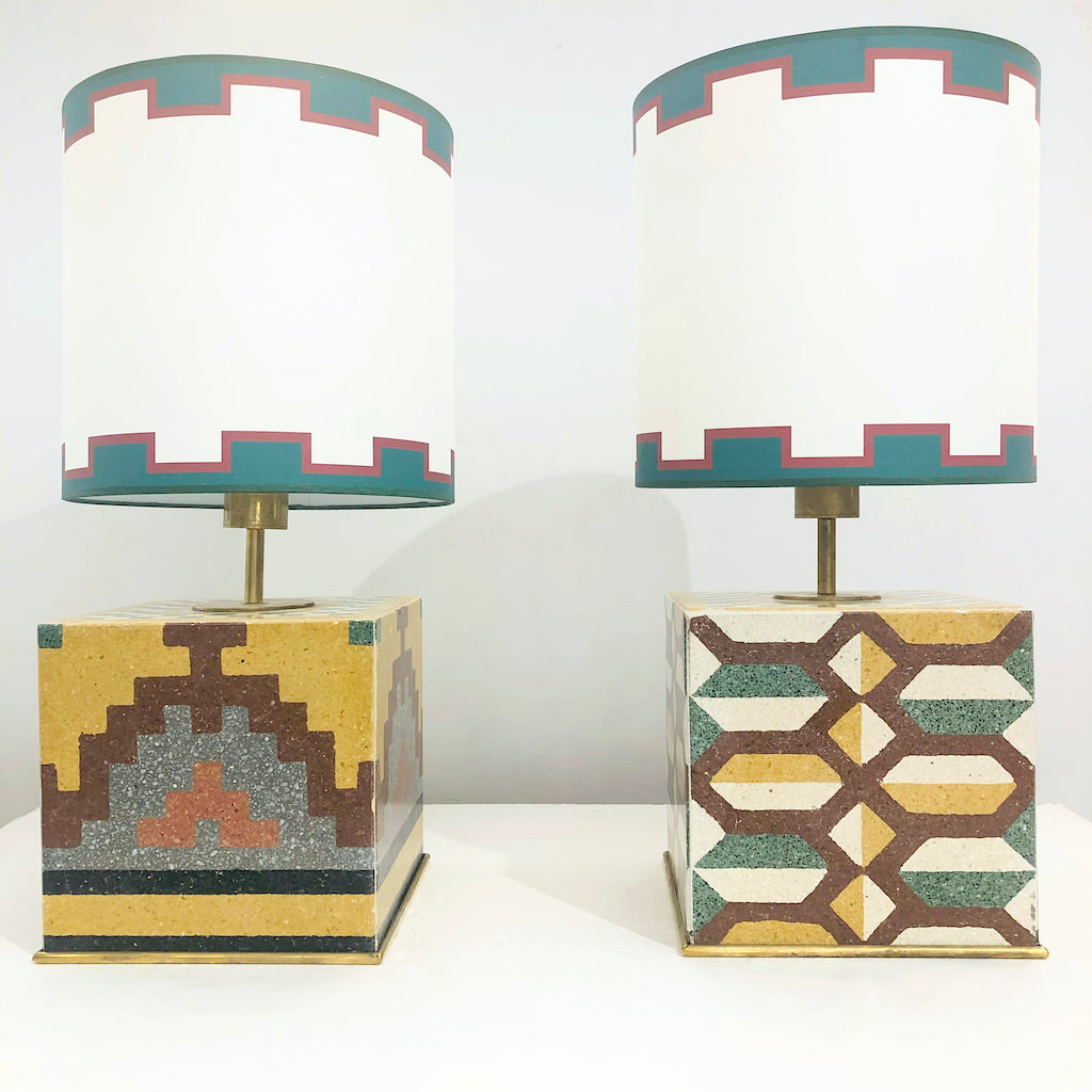 Vintage Pair of Italian Mosaic Cement Tile Cube Lamps with Custom Shades