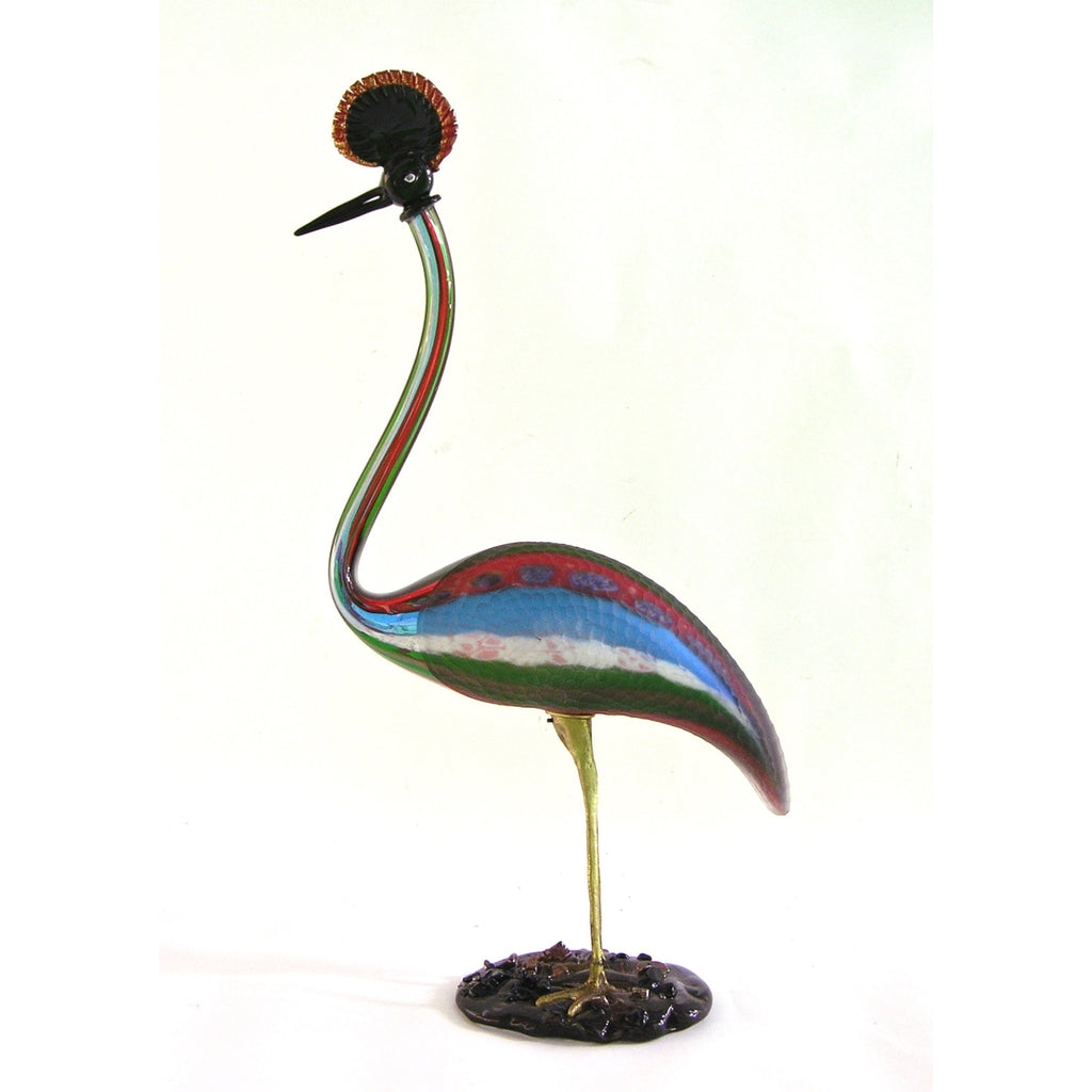 Vintage Italian Tall Red Blue Green White Glass Crested Bird Sculpture
